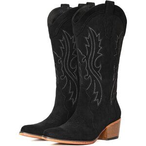 Women's Western Cowgirl Boots with Chunky Heel Mid Calf Snip Toe Ideal Black